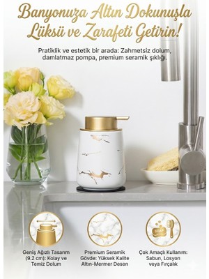 Playtronik Lüks Mermer Desenli Seramik Banyo ve Mutfak Sıvı Sabunluk - Altın Detaylı Banyo ve Mutfak Sıvı Sabunluk