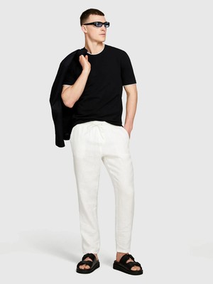 Sisley %100 Keten Beli Büzgülü Ipli Slim Fit Pantolon Erkek Kırık Beyaz Pantolon - 325P4AGHSF043