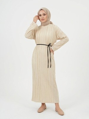 Miostil Pilise Dokulu Kemer Detay Elbise-Taş