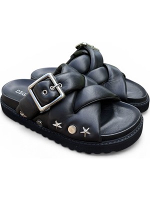 Degischic Siyah Deri Çapraz Terlik