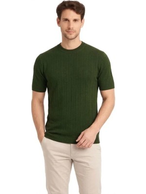 Hobilinka Erkek Yazlık Fitilli Triko Tişört Kısa Kol Bisiklet Yaka T-Shirt - Haki