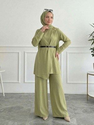 Miostil Omuz Aksesuar Pile Detaypantolonlu Takım-Yağ Yeşili