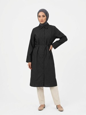 Miostil Biye Detay Uzun Tunik-Siyah