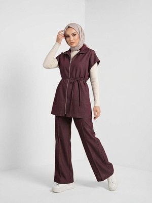 Miostil Yelek Fermuar Detay Pantolon Çımalı Takım-Bordo
