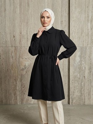 Miostil Bebe Yaka Omuz Kol Büzgülü Tunik-Siyah