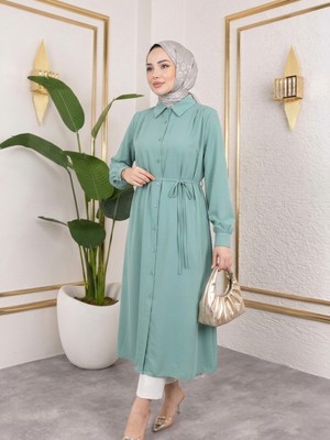 Miostil Arka Roba Omuz Pile Uzun Tunik-Mint