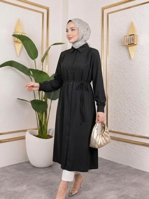 Miostil Arka Roba Omuz Pile Uzun Tunik-Siyah