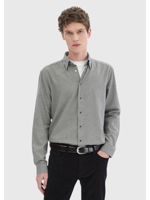 Ramsey Koyu Gri Desenli Casual Fit Uzun Dokuma Casual %100 Pamuk Gömlek