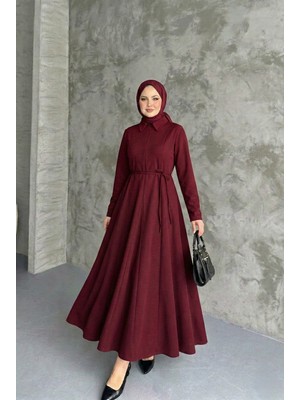 Miostil Yaka Fermuar Detay Elbise-Bordo