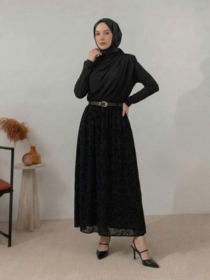 Miostil Flok Baskı Tül Etek-Siyah
