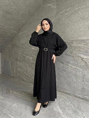 Miostil Önden Bağlamalı Aksesuar Detay Ikili Elbise-Siyah