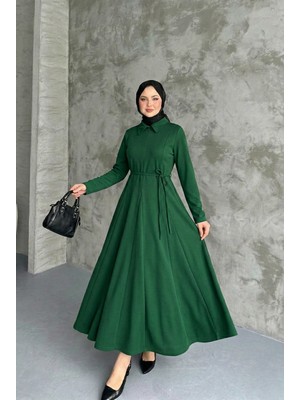 Miostil Yaka Fermuar Detay Elbise-Zümrüt Yeşili