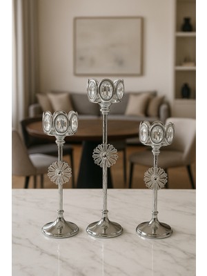 Mis Kitchen Kristal Taş Detaylı 3’ Lü Dekoratif Şamdan Seti – Gümüş Renk Lüks Salon