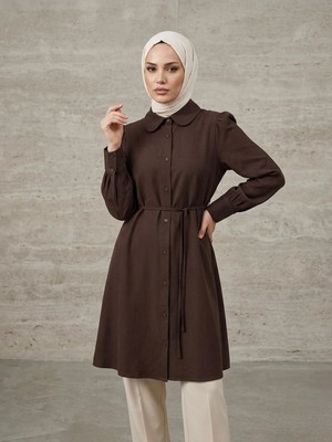 Miostil Bebe Yaka Omuz Kol Büzgülü Tunik-Kahve