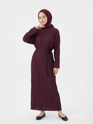 Miostil Pilise Dokulu Kemer Detay Elbise-Bordo