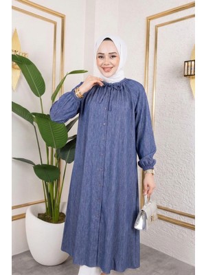 Miostil Kadın Kolu Lastikli Yaka Bağlama Detaylı Salaş Rahat Kalıp Boydan Düğmeli Uzun Tesettür Tunik-Lacivert