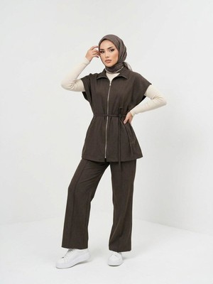 Miostil Yelek Fermuar Detay Pantolon Çımalı Takım-Kahve