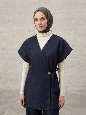 Miostil Yandan Bağlamalı Düğme Detay Yelek-Lacivert