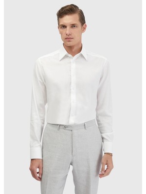 Ramsey Beyaz Düz Regular Fit Uzun Dokuma Klasik Pamuk Karışımlı Gömlek