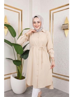 Miostil Kadın Yırtmaç Detaylı Kuşaklı Gömlek Yaka Boydan Düğmeli Uzıun Tesettür Tunik-Taş