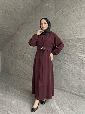 Miostil Önden Bağlamalı Aksesuar Detay Ikili Elbise-Bordo