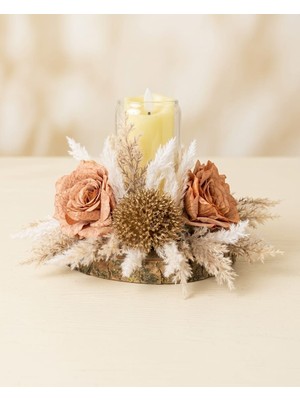 Bohem Tasarım Kütük Altlıklı Yapay Kuru Çiçekli Gül Arajmanı - Cam Şamdan