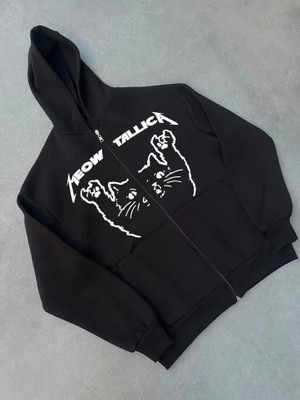 Veralya Moda Kışlık Baskılı Fermuarlı Kapüşonlu Hırka - Siyah