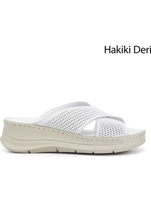 Gönderi(r) Kadın Beyaz  Dolgu Taban Hakiki Deri Terlik