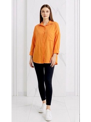 Stilera Kadın Keten Gömlek Cep Detaylı Oversize Standart Beden Yazlık