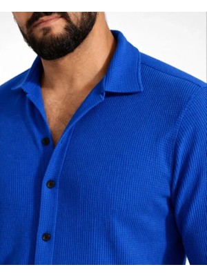 Veralya Moda Erkek Waffle Kumaş Uzun Kollu Düğmeli Açık Yaka Regular Fit Gömlek - Saks Mavisi