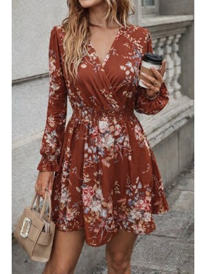 Veralya Moda Kadın Uzun Kollu Kruvaze Yakalı Çiçek Desenli Mini Süprem Elbise