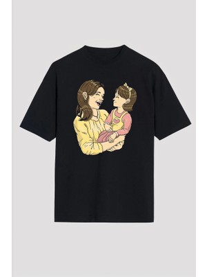 Veralya Moda Anneler Gününe Özel Tasarım Anne Kız Baskılı T-Shirt - Siyah
