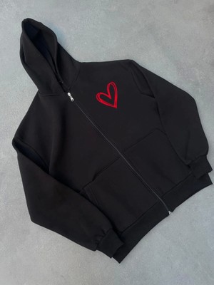 Veralya Moda Üç Iplik Baskılı Fermuarlı Kapşonlu Hırka - Siyah