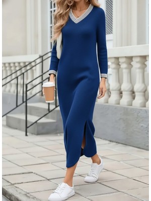 Veralya Moda Kadın Uzun Kollu V Yakalı Yanlardan Yırtmaçlı Uzun Viskon Iki Iplik Elbise