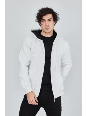 Veralya Moda Erkek Kapüşonlu Düz Fermuarlı Hırka - Beyaz