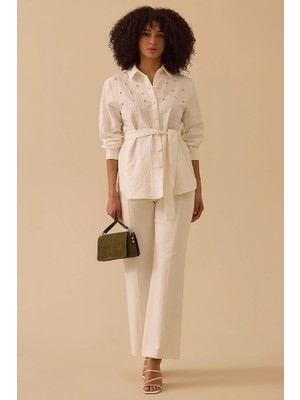 Seçil Kadın Taşlı Kuşak Detaylı Cepli Gömlek 0006 Beyaz