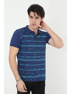 Veralya Moda Erkek Yakalı Slim Fit Pike Çizgili T-Shirt - Mavi