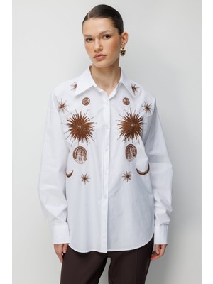 Ekol Kadın Işlemeli Oversize Pamuk Gömlek 2818 Ekru