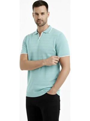 Veralya Moda Erkek Triko Kumaş Yakalı Düğmesiz Açık Yaka Fitilli Kısa Kollu Regular Fit Tiş�