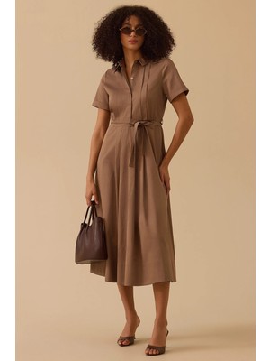 Seçil Kadın Kuşaklı Pile Detaylı Koton Elbise 0042 Vizon