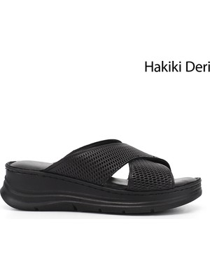 Gönderi(r) Kadın Siyah  Dolgu Taban Hakiki Deri Terlik