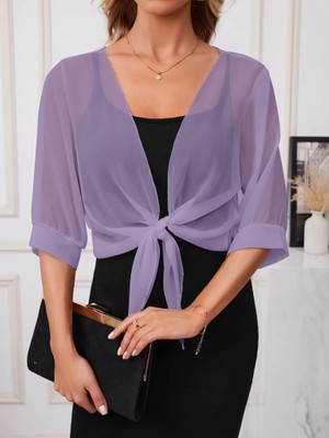 Veralya Moda Kadın Truvakar Kollu Önden Bağlamalı Kısa Şifon Bolero Ceket