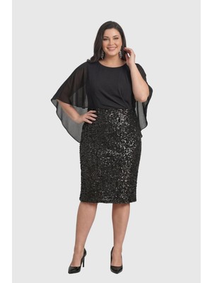 Lilas Xxl Kadın Büyük Beden Şifon Pelerinli Pul Payetli Kısa Abiye Elbise 2615 Siyah