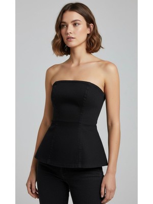 Denim Straplez Fermuarlı Siyah Büstiyer