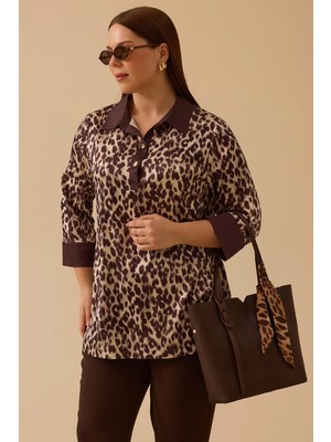 Galaxi Kadın Büyük Beden Leopar Desenli Saten Tunik 4007 Kahverengi
