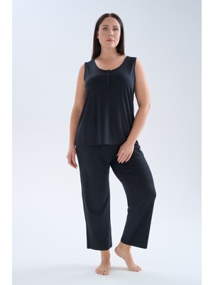 Hays Kadın Plus Size Modal Düğmeli Kısa Kollu Tshirt Uzun Takım