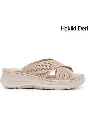 Gönderi(r) Kadın Bej  Dolgu Taban Hakiki Deri Terlik