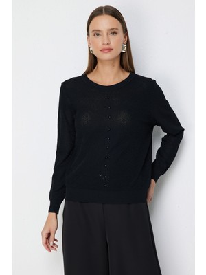 On Kadın Süs Düğmeli Kumaşı Desenli Bluz 70432 Siyah