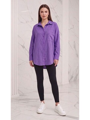 Stilera Kadın Keten Gömlek Cep Detaylı Oversize Standart Beden Yazlık