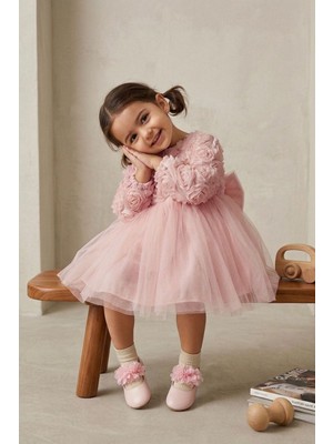 Miniğimin Cicileri Gül Desenli Kız Çocuk Uzun Kol Abiye Elbise - Pembe